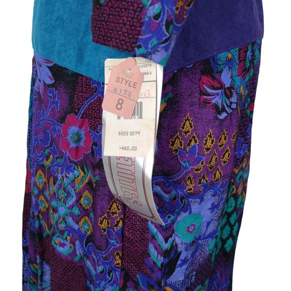 Vintage 80s Secretary Midi Dress Size S/M Rayon Purple Boho Floral Print - Picture 10 of 12